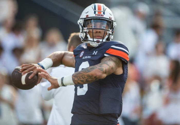 Auburn Tigers quarterback Robby Ashford (9) throws the ball during warm ups before Auburn Tigers take on Mercer Bears at Jordan-Hare Stadium in Auburn, Ala., on Saturday, Sept. 3, 2022.